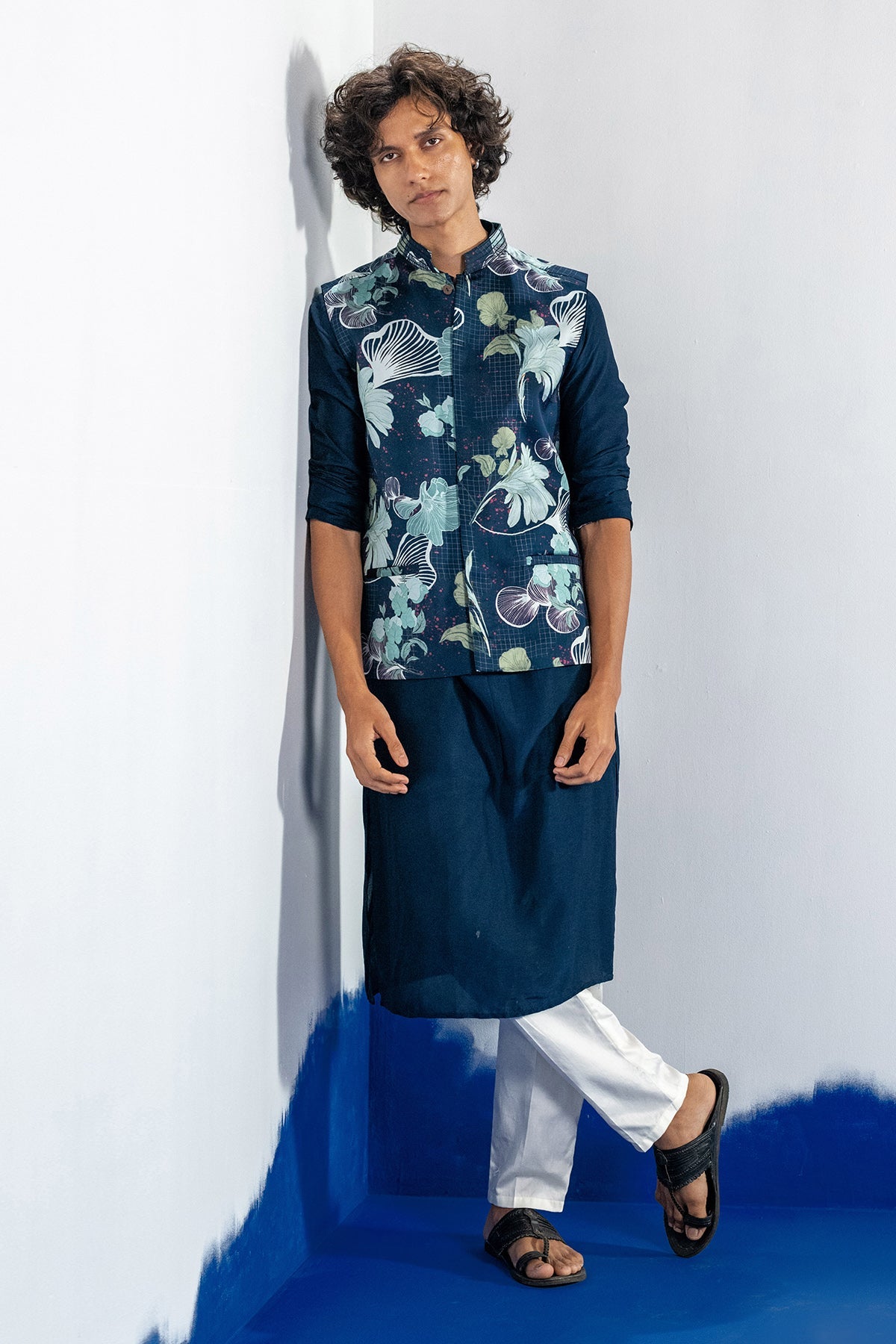 Buy Blue Plain Kurta & Printed Bundi by Shristi Chetani for men online at ScrollnShops